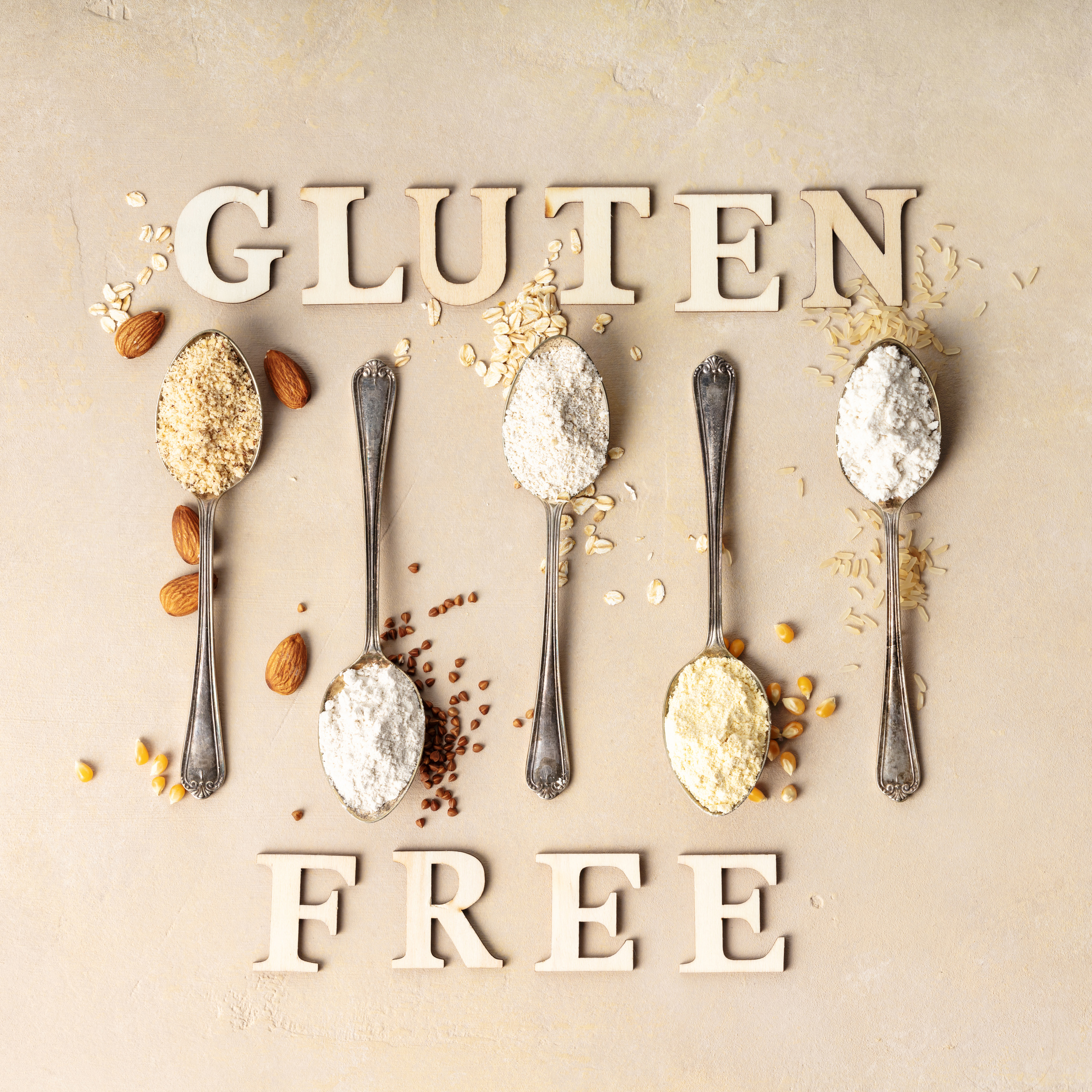Metal Spoons of Various Gluten Free Flour Flat Lay
